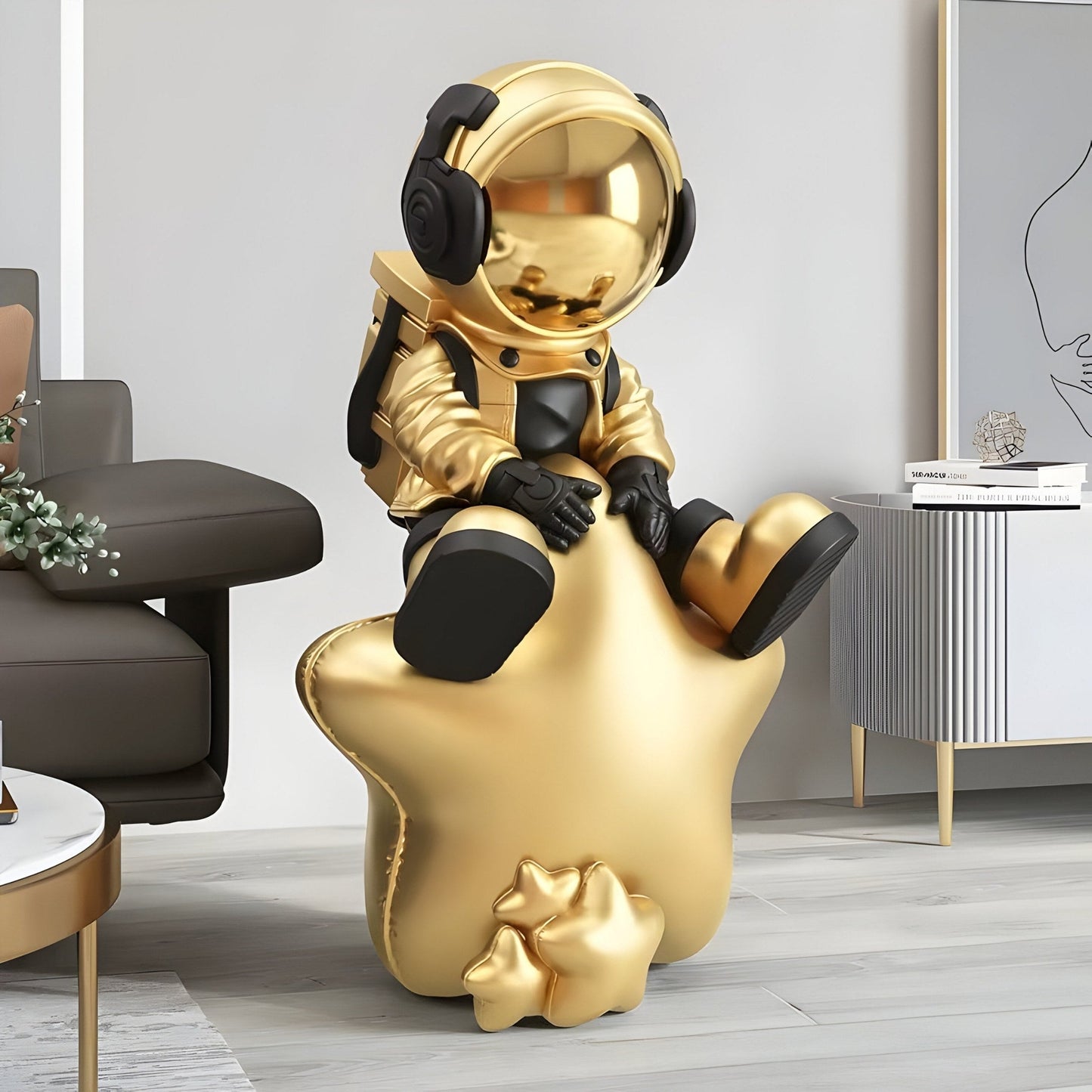 Medium Celestial Gold Astronaut Beats On Star Sculpture - 90cm