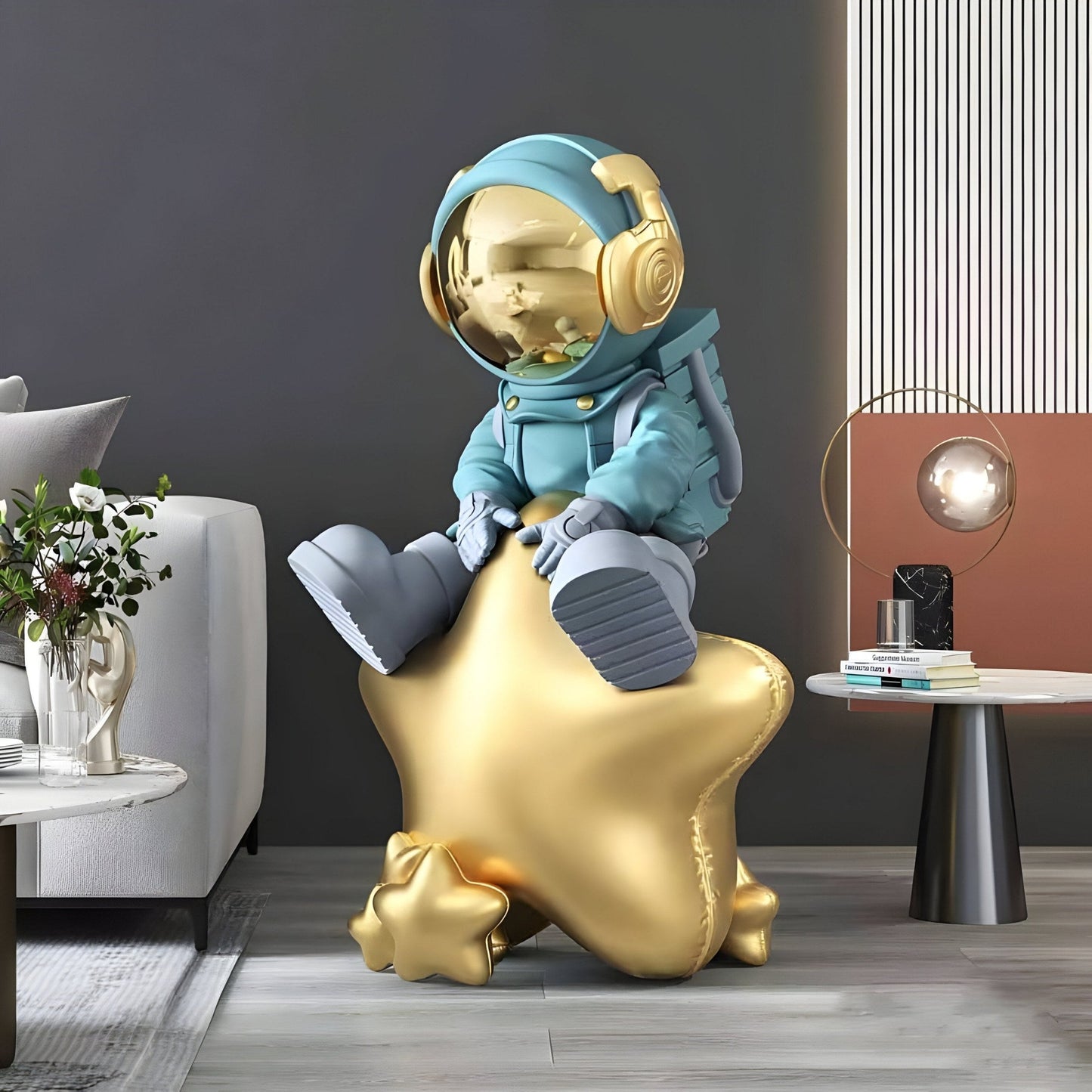 Medium Galactic Blue Astronaut Beats On Star Sculpture - 90cm