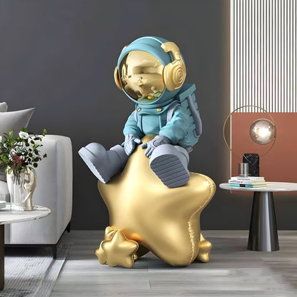 Medium Galactic Blue Astronaut Beats On Star Sculpture - 90cm